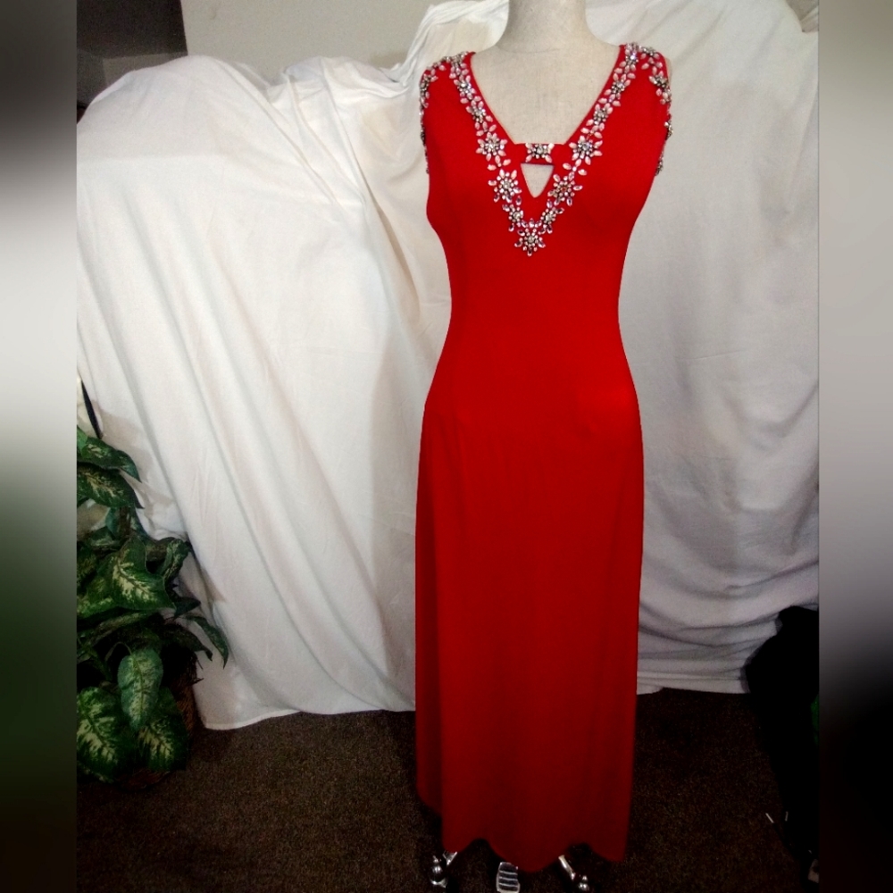 Niki Vintage SPARKLE Sheat Red Dress Criss-cross back/Clear Jewel/ZIP/Pleats,2-4